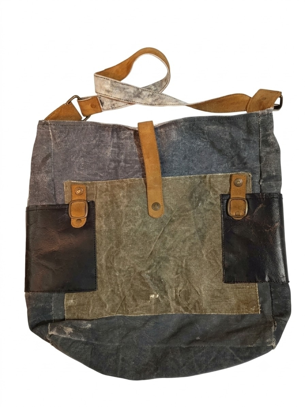 Canvas and Leather Crossbody Tote Bag in Olive and Blue